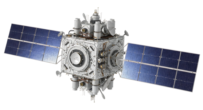 Satellite with solar panels isolated on transparent background, a complex machine orbiting the earth for communication and observation