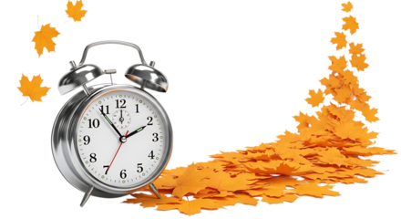 Alarm clock with autumn leaves isolated on transparent background for fall season, time change, and daylight saving time