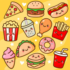 Adorable Kawaii Fast Food Characters Collection.Cute cartoon food illustration. Kawaii food cartoon vector icon. Cute fast food box images. Isolated vector. Smile emoji.
