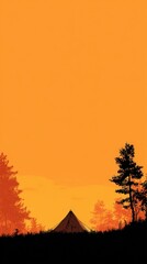 Minimalist Orange Camping Illustration: Tent in the Wilderness