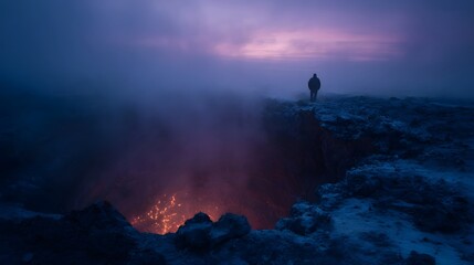 Obraz premium A solitary figure observes a smoking volcanic crater filled with molten lava under a twilight sky