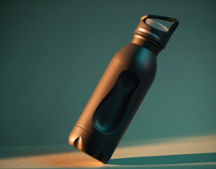 Close-up of a sleek, dark matte insulated reusable water bottle with an ergonomic grip, set at an angle on a muted green-blue background with accent lighting.