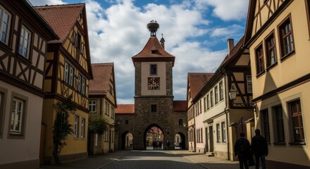 Obraz premium Historic Gateway Scene: A view of an ancient gate, leading into a charming town, framed by traditional buildings with intricate architecture under a beautiful sky.