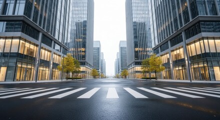 Obraz premium Urban Symmetry: Captivating symmetry unfolds in a modern cityscape, where sleek high-rise buildings and meticulous streetscapes converge under a clear sky.
