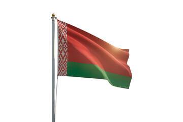 Dynamic Belarus flag waving proudly on flagpole under bright sunlight, symbolizing national pride and freedom