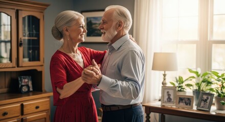 Enduring Waltz of Affection: An elderly couple, their faces alight with the warmth of decades shared, move gracefully across a room in a tender embrace.