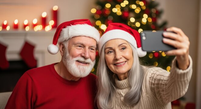 Joyful Christmas Selfie: An elderly couple, adorned in Santa hats, shares a heartwarming selfie in a festive holiday scene, radiating warmth and the joy of the season.