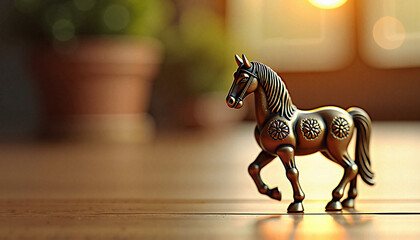  Miniature horse figurine on wooden floor in sunlight