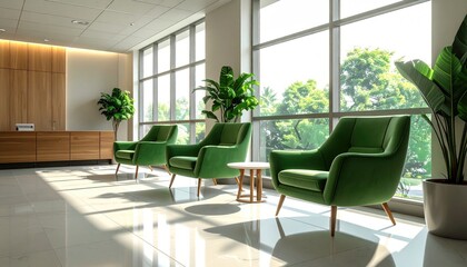 Modern office waiting area with comfortable green chairs and large windows letting in bright natural sunlight and lush green trees outside