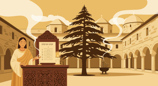 Religious practice illustration depicting a woman praying with incense in a monastery