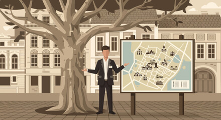 City tour guide explaining map of local attractions, offering information