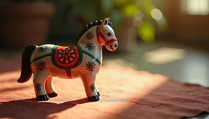 Painted wooden horse on fabric in sunlight