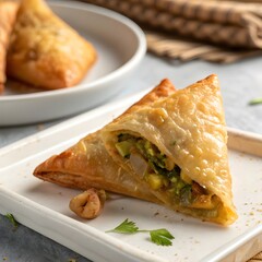Crispy Golden Samosa Filled with Spiced Potato and Peas, Traditional Indian Snack with Chutney Close-Up