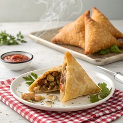 samosa with spiced potato and pea filling, chutney dipping sauce