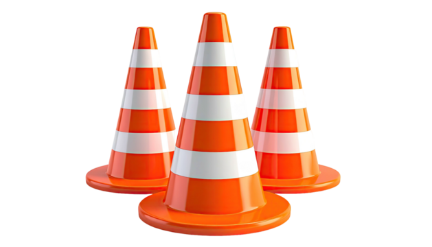 Three orange and white striped road cones on a black background