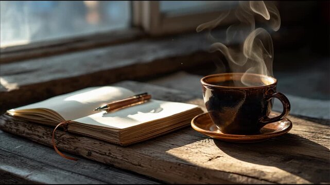 Steaming Coffee and Open Journal on Rustic Wood. Cozy Morning Routine for Writing, Reflection, or Study.
