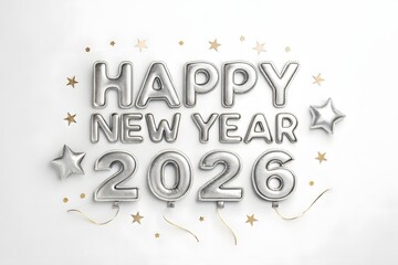 Fototapeta premium Luxurious Silver Balloon Calligraphy 'Happy New Year 2026' with Reflective Smooth Texture and Subtle Shine on White Background
