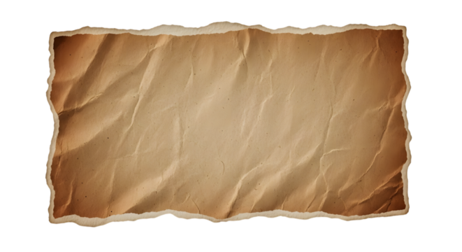 A crumpled antique parchment paper with torn edges isolated on transparent background