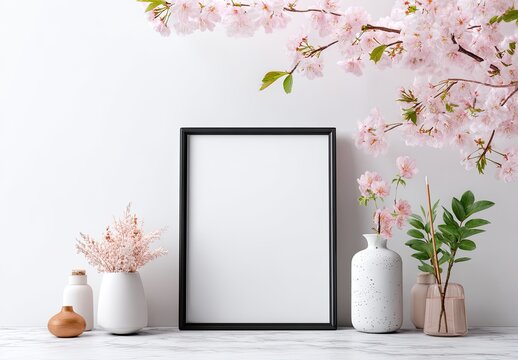 A framed print rests on a surface next to floral arrangements beneath blooming branches