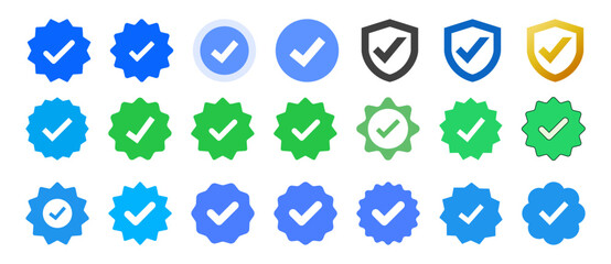 Social Media Verified Account Badge Icon Set. All social media, blue badge, checkmark, verification, verified badge flat icon. Vector illustration with transparent background