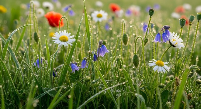 Morning Dew Drops on Wildflowers in a Sunny Meadow