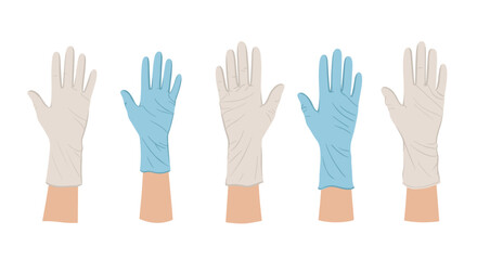 Five hands wearing alternating blue and light beige medical examination gloves, displayed in a row against a clean white background.