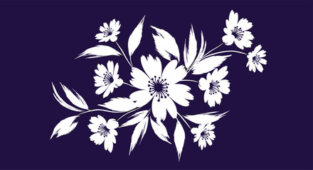 Elegant white floral brushstroke design on a deep indigo background, showcasing a bouquet of delicate blossoms and leaves.