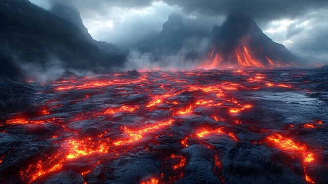 Volcanic eruption flows molten lava across a dark landscape