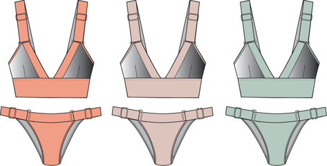 Collection of three stylish bikini sets featuring different color combinations for fashion and apparel design