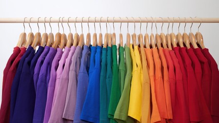 Fototapeta premium hangers. Colorful clothing arranged on wooden hangers in soft rainbow tones, minimalist studio setting. lifestyle magazines, social media lookbooks, designed for influencer and brand collaborations.