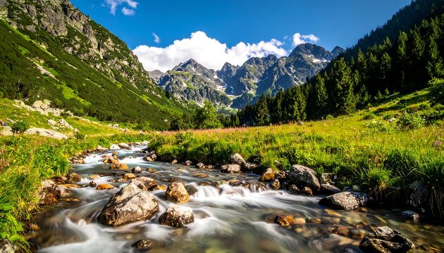 Scenic mountain valley with flowing stream, lush greenery, and peaks