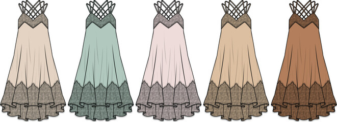 Elegant flowing maxi dress fashion illustration concept in multiple earthy and pastel color variations, showcasing intricate design details and a stylish silhouette