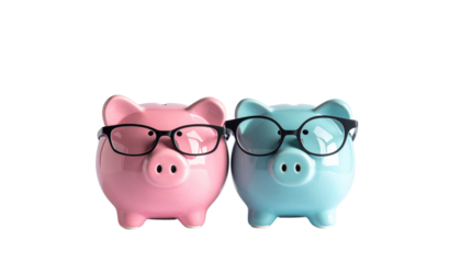  Close-up of piggy bank with eyeglasses illustrating budgeting and investment ideas isolated on transparent background