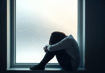 Sad Person by Frosted Window. Winter Loneliness and Cold Mood.