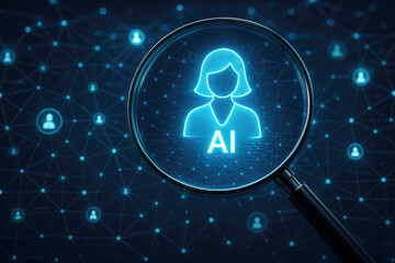 Magnifying glass focused on female AI icon within a digital network of people icons artificial intelligence