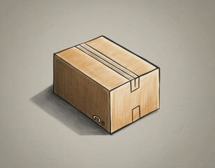 Digital drawing of a sealed brown corrugated cardboard box with black outline, used for delivery or packaging mockup, casting a subtle shadow on a gray surface.