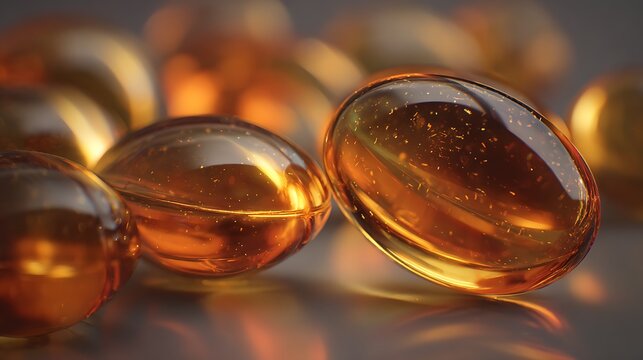 Clear Amber Gel Capsules with Reflective Highlights for Health Supplements - Powered by Adobe