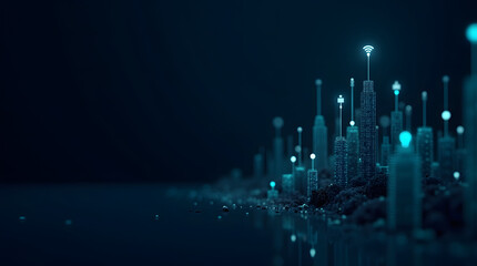 Futuristic cityscape with glowing blue lights and data streams