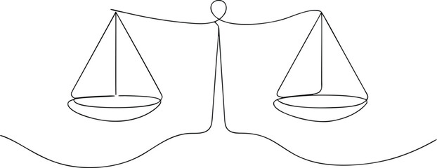 Single line drawing of a balance scale justice weighing