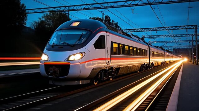 Modern electric train traveling fast, creating bright motion light trails on railway tracks at evening, symbolizing speed and future travel