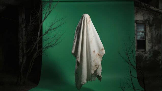 A person in a sheet costume stands in front of a green screen background. - Powered by Adobe
