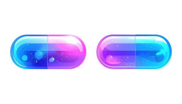 Two gel capsules filled with a glowing cosmos, in shades of pink and blue, isolated against a dark background
