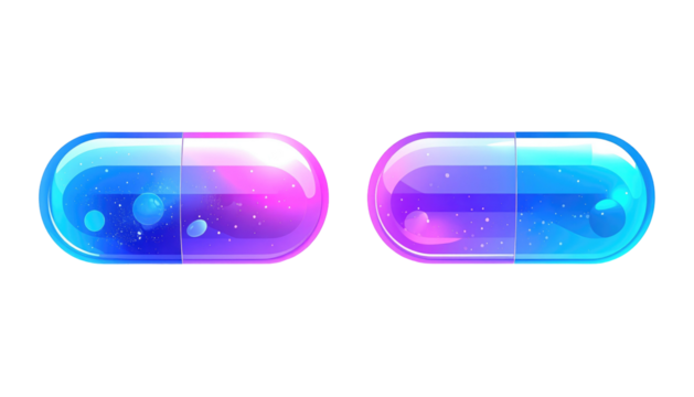 Two gel capsules filled with a glowing cosmos, in shades of pink and blue, isolated against a dark background