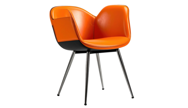 Vibrant orange chair with sleek black legs, isolated on a black background, showcasing modern design and comfort