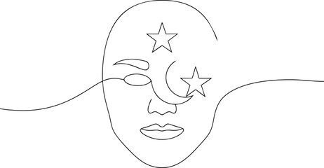 Single line drawing of a face with moon and stars line art