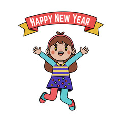 Happy cartoon girl jumps under a happy new year banner graphic, perfect for festive greeting cards and social media posts.