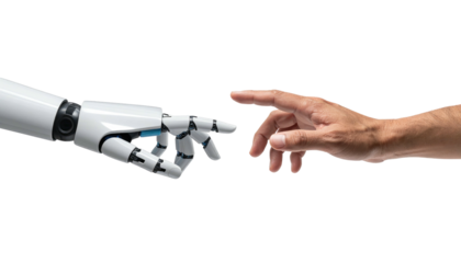 Robotic and human fingers nearly touch, symbolizing connection and future tech, isolated on black background