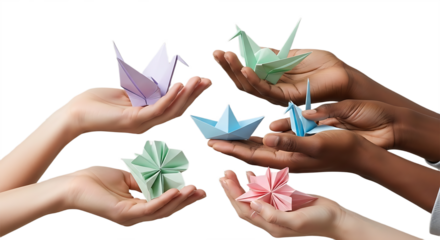 Diverse Hands Collaboratively Holding Various Colorful Origami Figures