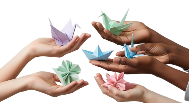 Diverse Hands Collaboratively Holding Various Colorful Origami Figures - Powered by Adobe