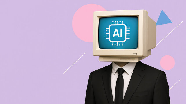 Person in Suit with Vintage Computer Monitor Displaying AI Chip as Head artificial intelligence